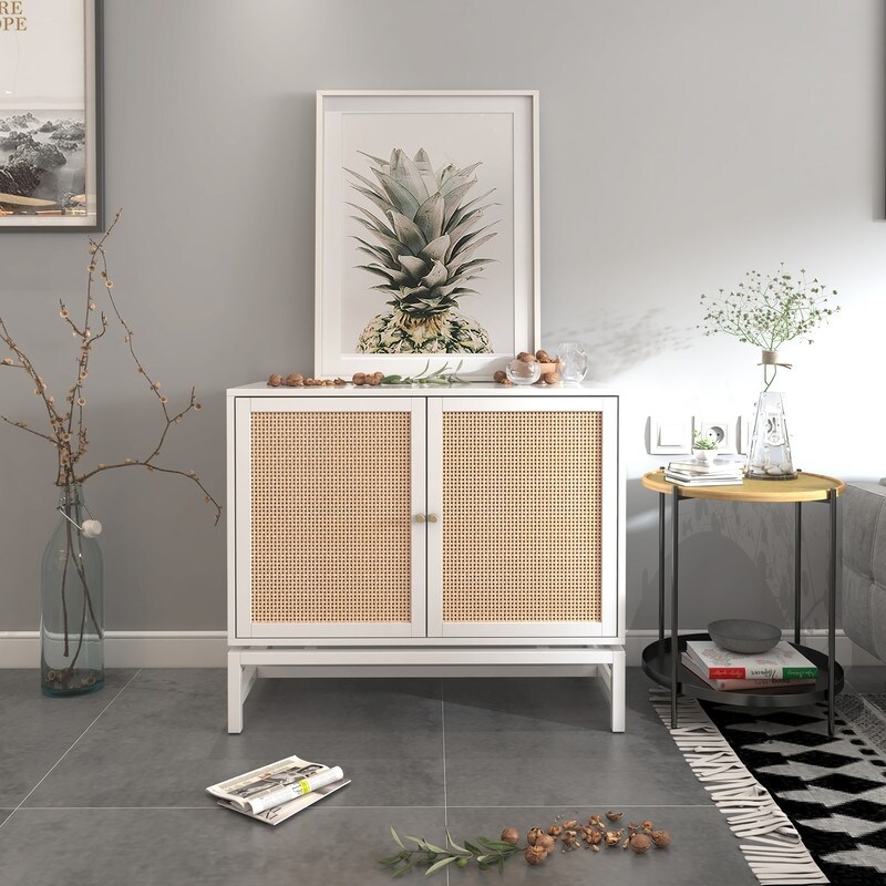 Rattan Sideboard Buffet Accent Cabinet with 2 Doors  1 Adjustable Inner Shelves for Entryway  Living Room