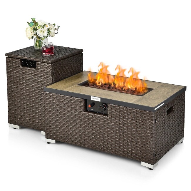 32 Inch x 20 Inch Propane Rattan Fire Pit Table Set with Side Table Tank and Cover Coffee   32\