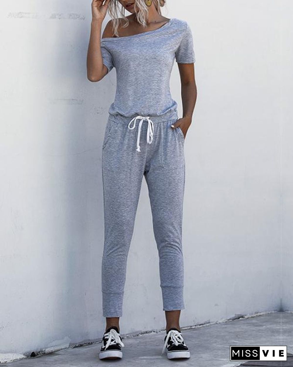 Asymmetric Neck Drawstring Waist Jumpsuit