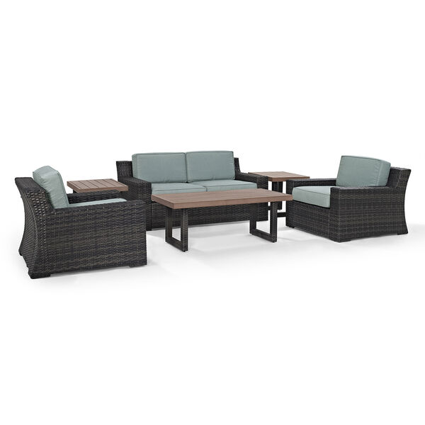 Beaufort 6 Piece Outdoor Wicker Seating Set With Mist Cushion - Loveseat， Two Chairs， Two Side Tables， Coffee Table