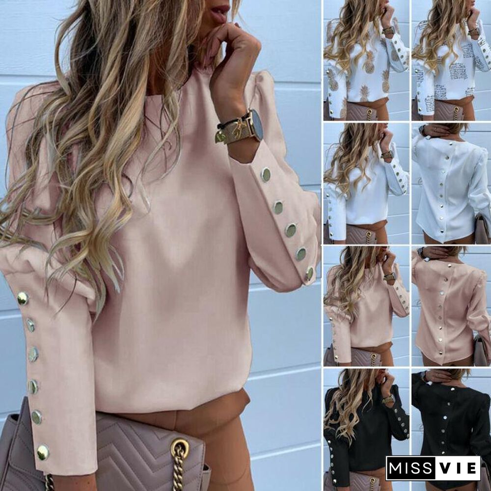 Work Wear Women Blouses Long Sleeve Back Metal Buttons Shirt Casual O Neck Printed Plus Size Tops Fall Blouse Drop Shipping P10016