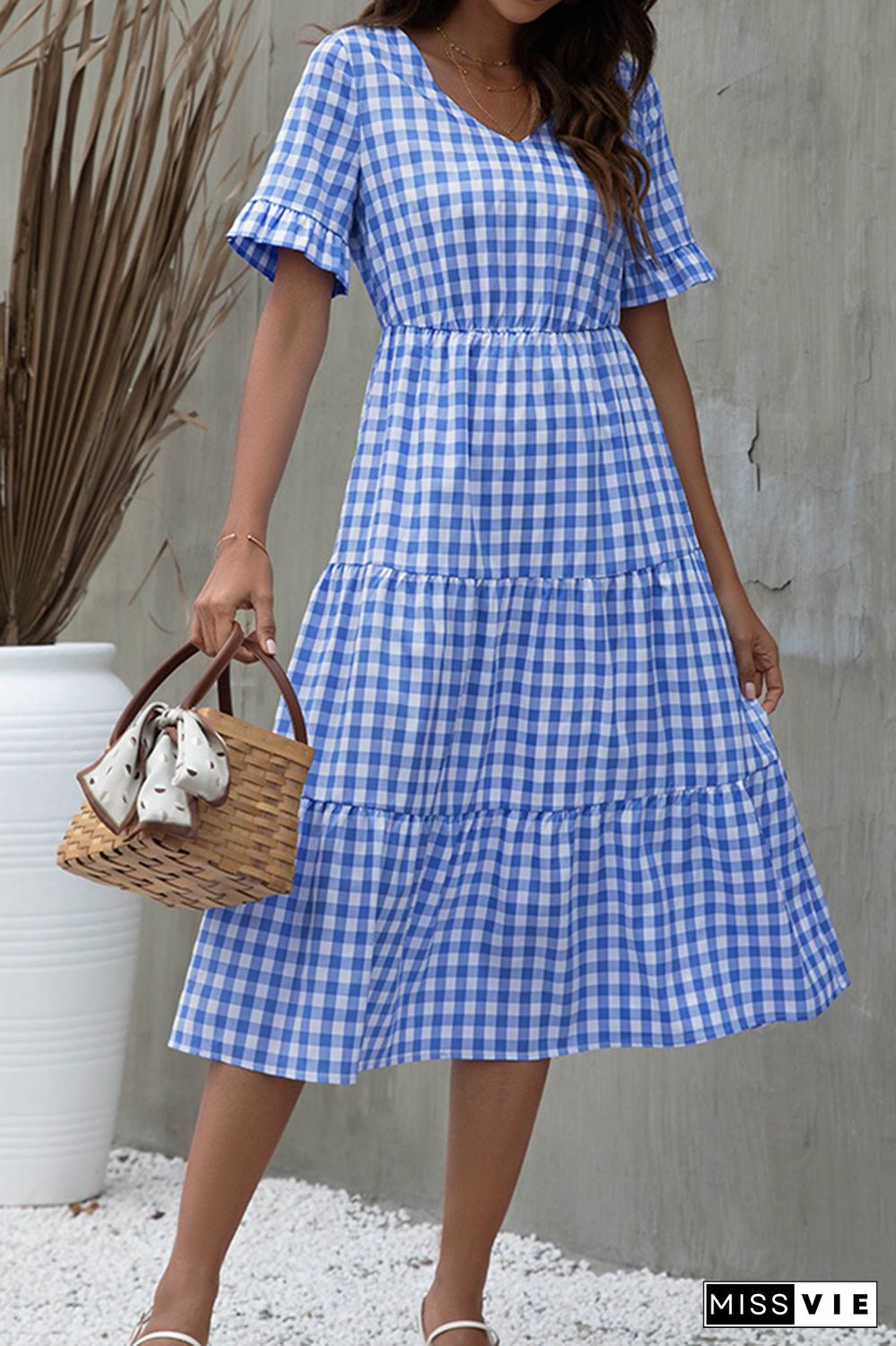 Plaid Print Short Sleeve Midi Dress Wholesale