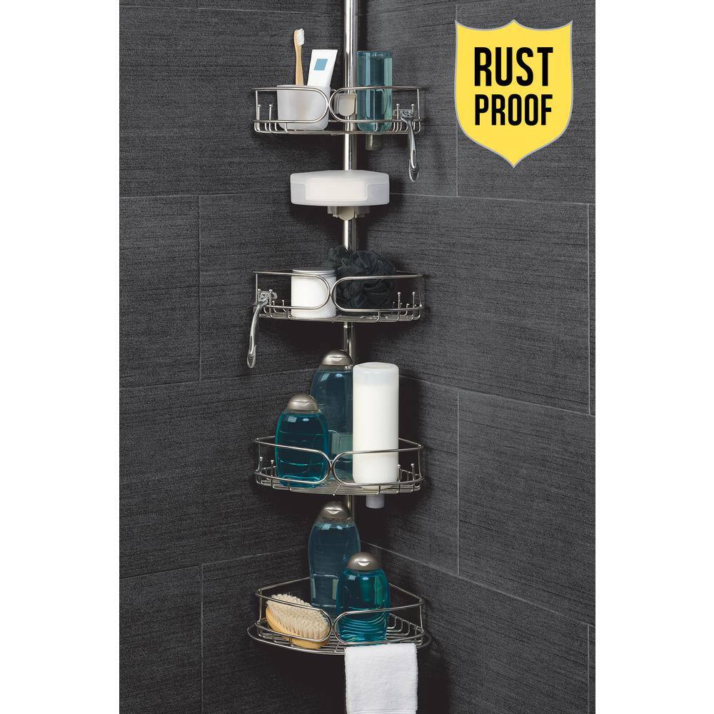 Zenna Home Rustproof Tension Pole Shower Caddy with 4 Baskets in Stainless Steel E2181STL