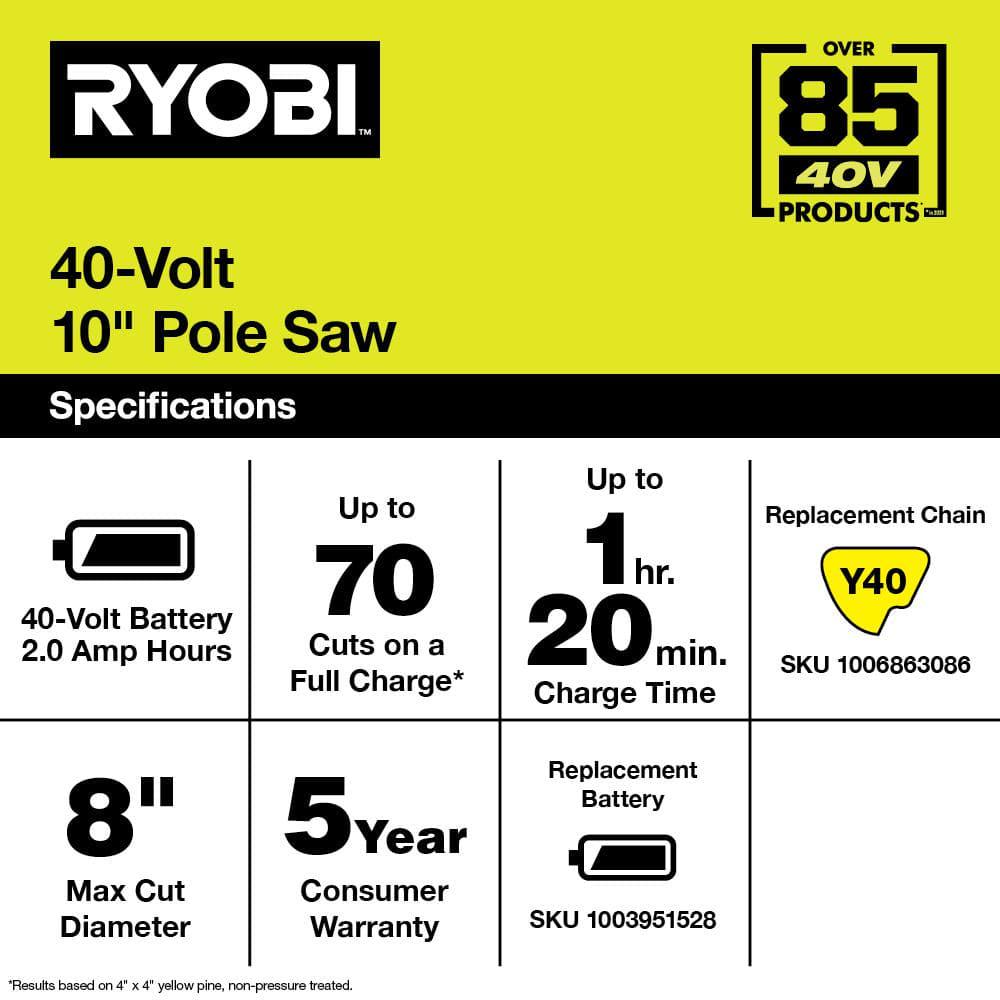 RYOBI 40V 10 in Cordless Battery Pole Saw with 20 Ah Battery and Charger