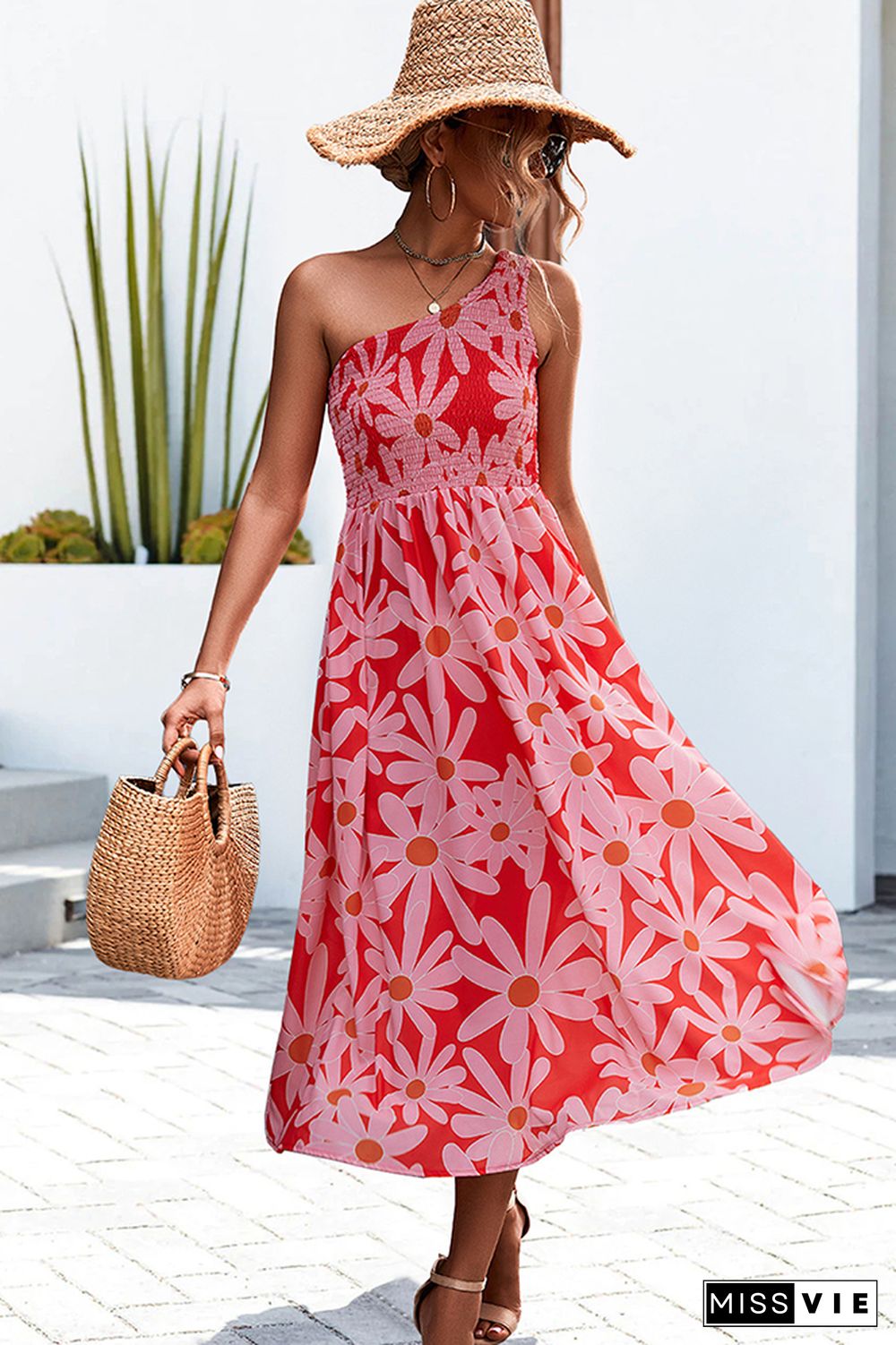 One SHoulder Flower Print Long Dress