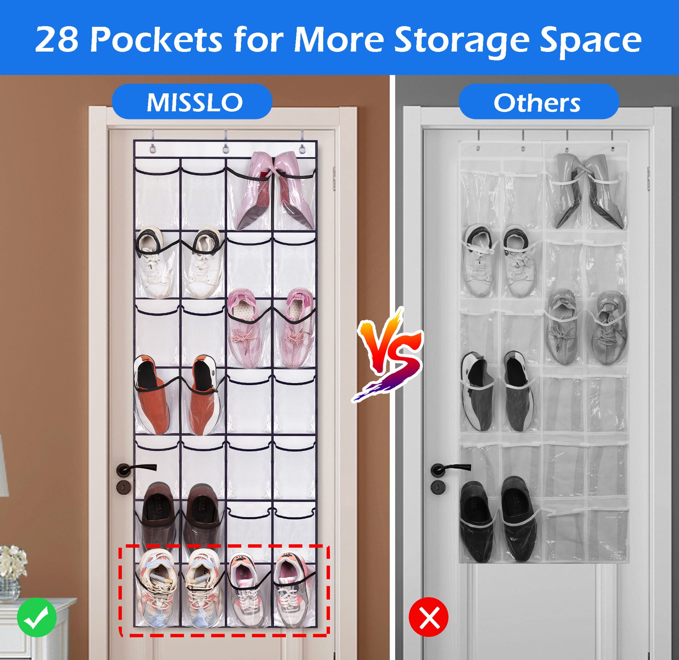 MISSLO Large Clear Shoe Organizer 28 Crystal Pockets Hanging Shoe Rack Closet Over the Door Shoe Holder Storage for Men Women Boys， White