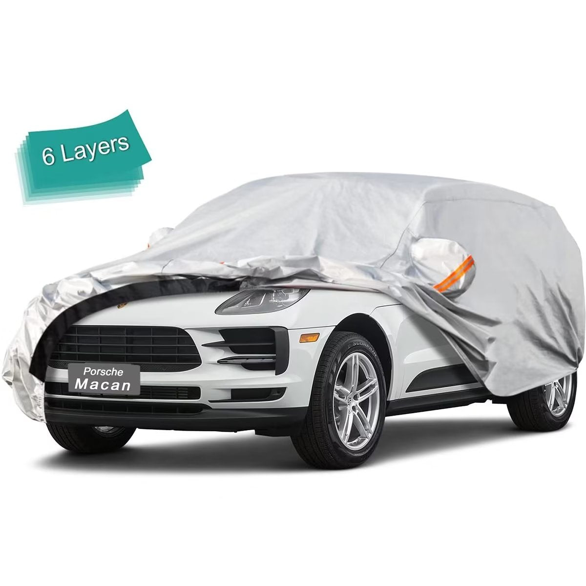 KouKou SUV Car Cover Custom Fit Porsche Macan from 2014 to 2022， 6 Layer Heavy Duty Full Exterior Cover Waterproof All Weather， Silver