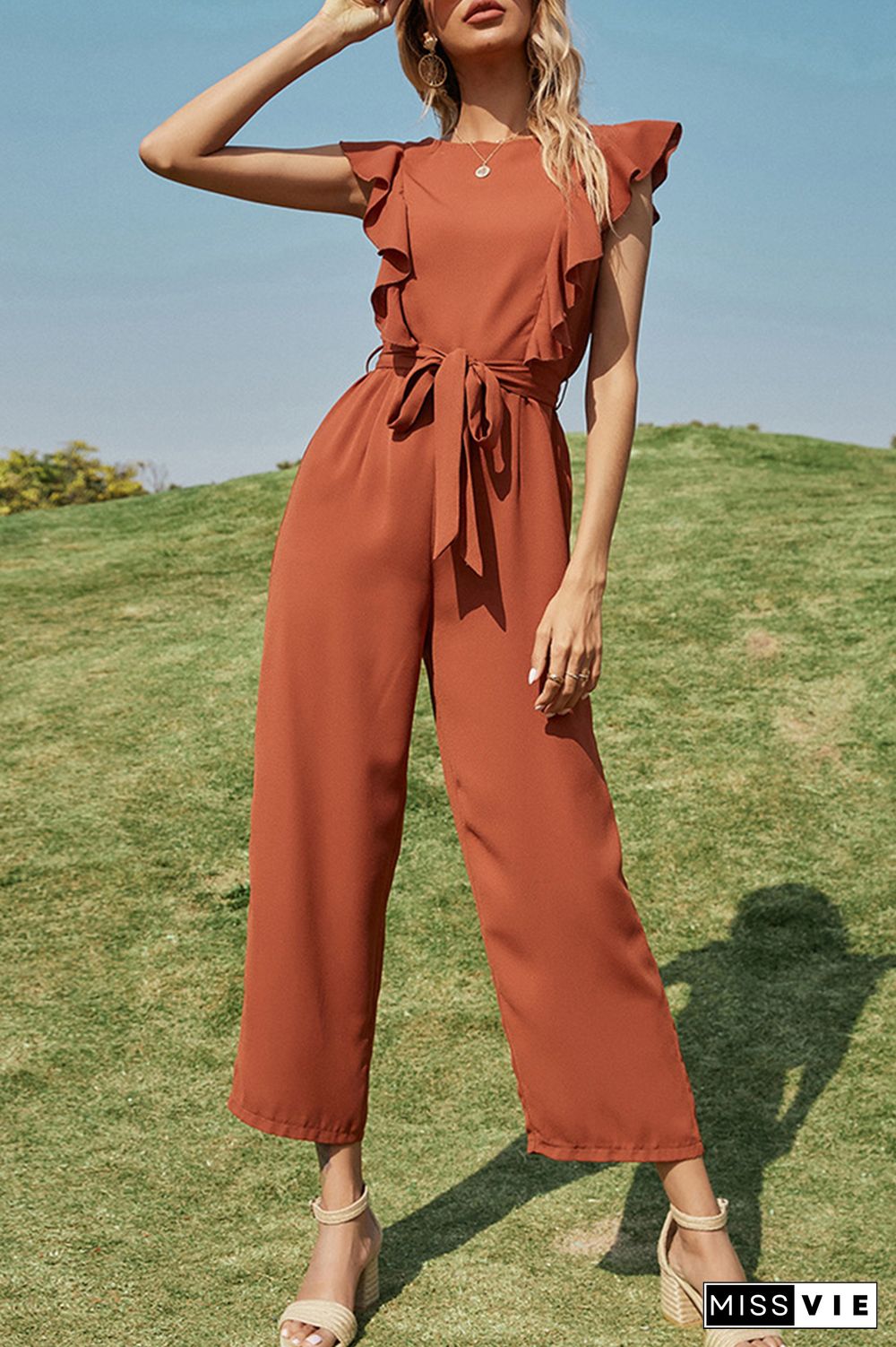 Fashion Elegant Solid Split Joint Flounce With Belt O Neck Straight Jumpsuits