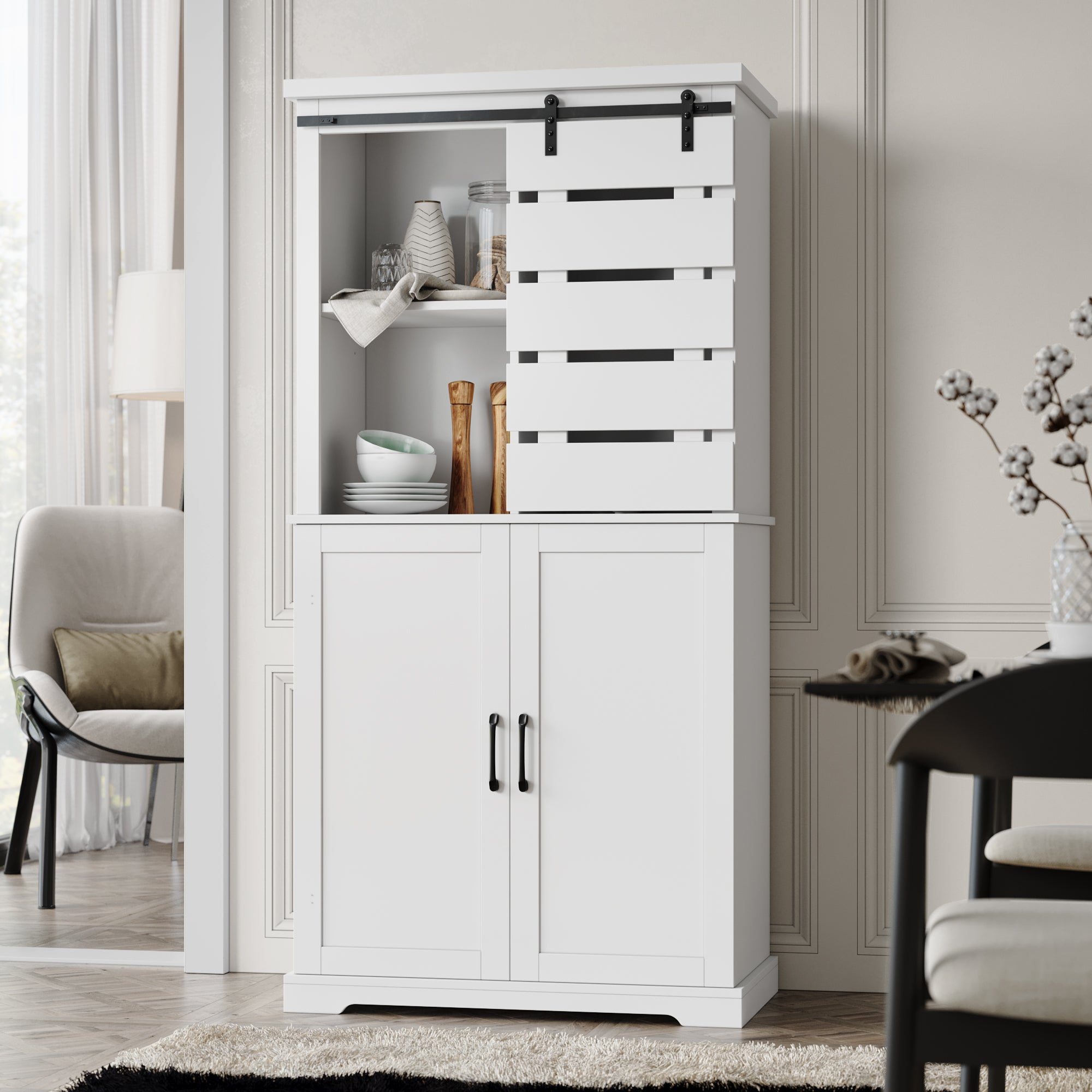 Tall Kitchen Pantry Cabinet Storage Cabinet With Sliding Door And Adjustable Shelves