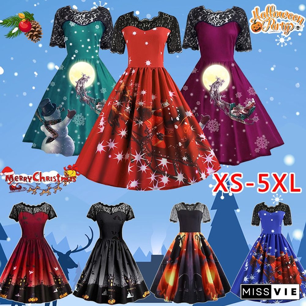 Women Fashion Retro Lace Xmas Dresses Elegant Short Sleeve Santa Claus Snowman 3D Print Pleated Dress Halloween Costume Knee Length Party Dresses