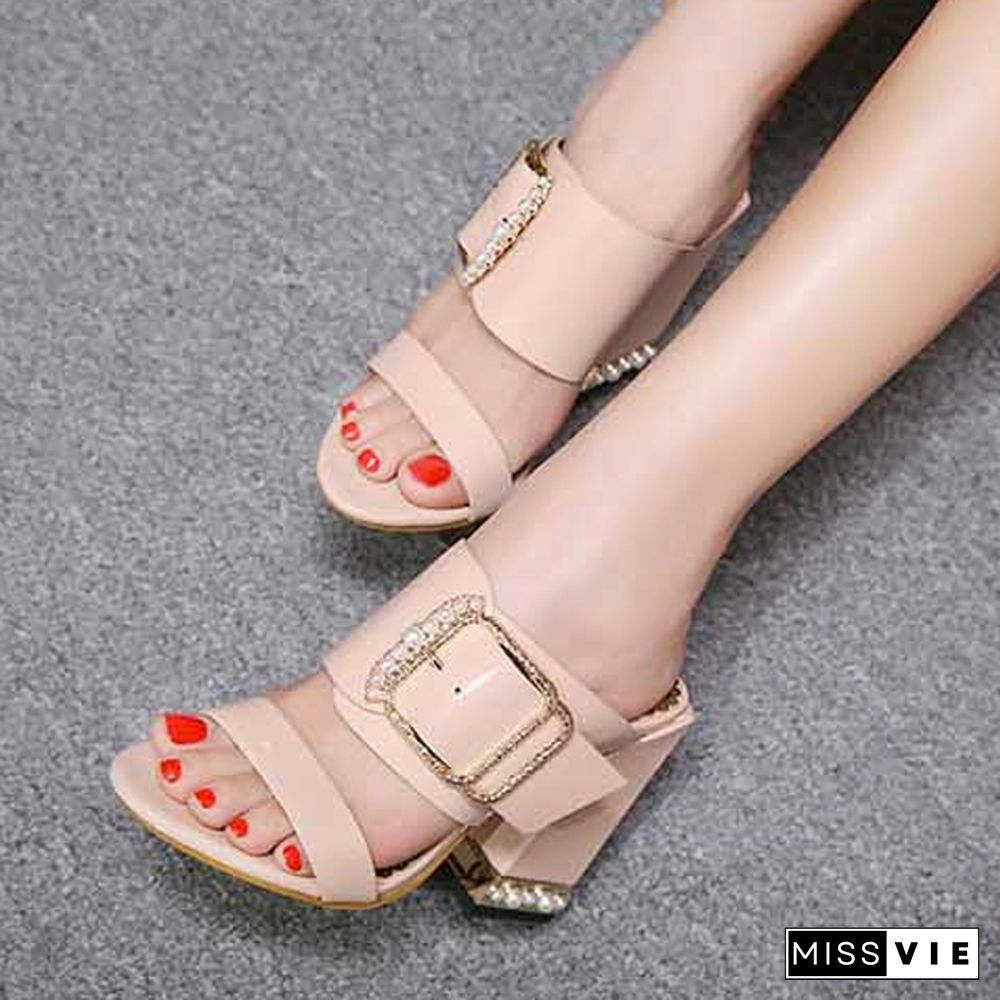 Women Crystal Buckle Square Heel Sandals Mules Slippers Slides Shoes