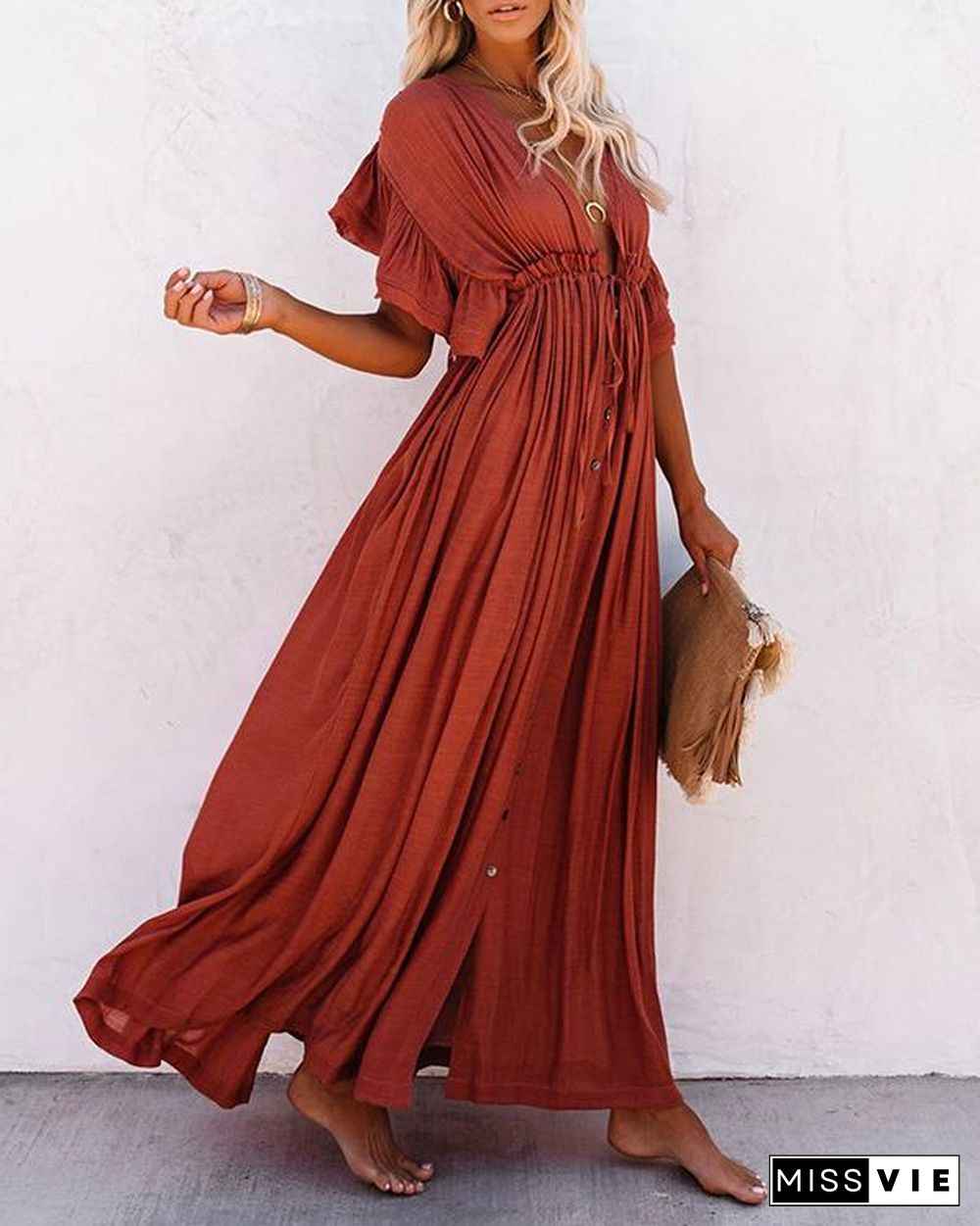 Women Long Maxi Dress Solid V neck Ladies Holiday Dress