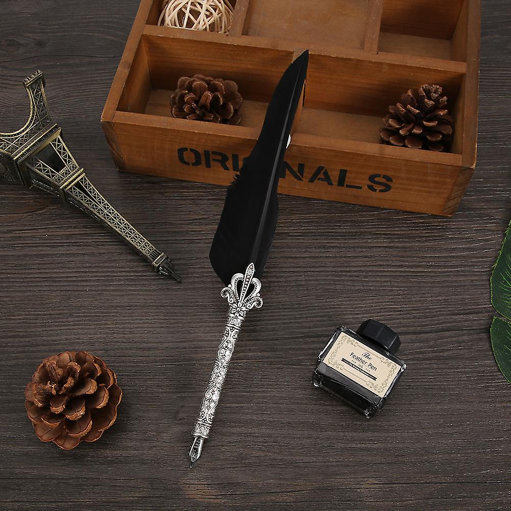 Vintage Retro Feather Dip Pen Stainless Steel Nibs Calligraphy Writing Ink Pen(black)