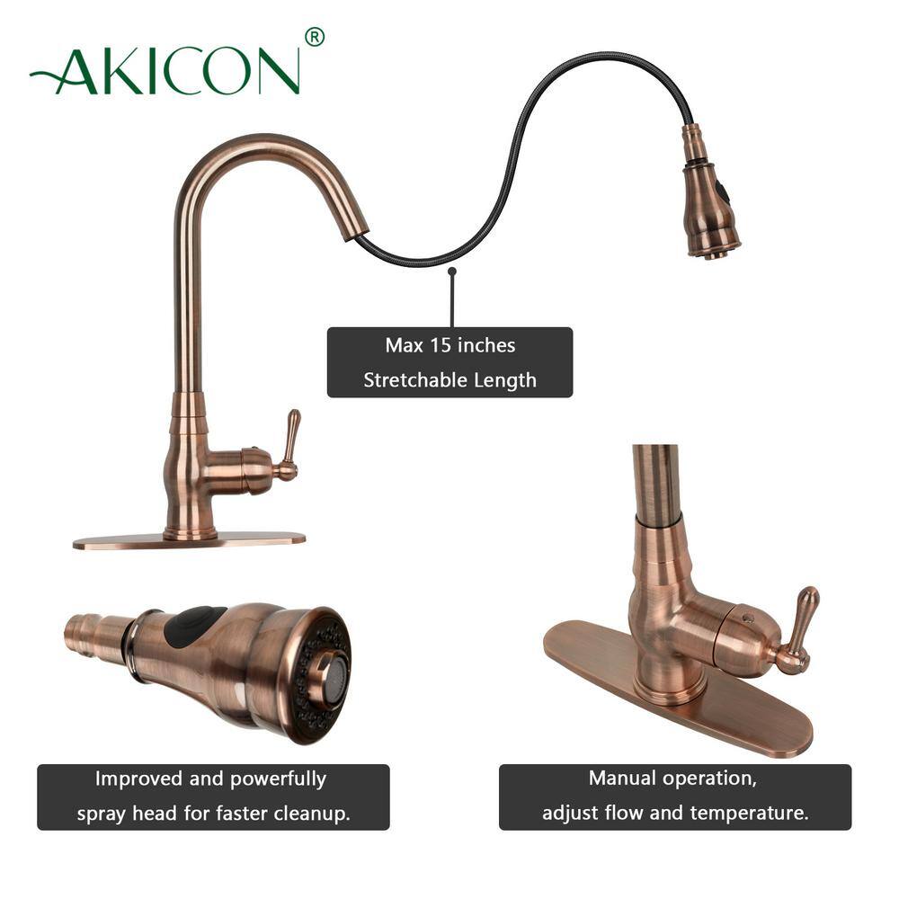 Akicon Single-Handle Pull Down Sprayer Kitchen Faucet with Deck Plate in Antique Copper AK418-AC