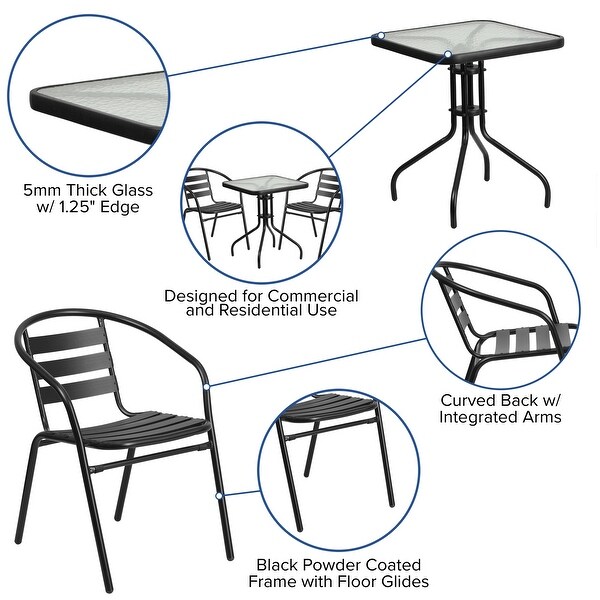 23.5'' Square Glass Metal Table with 2 Black Metal Aluminum Slat Stack Chairs -  - 37158030