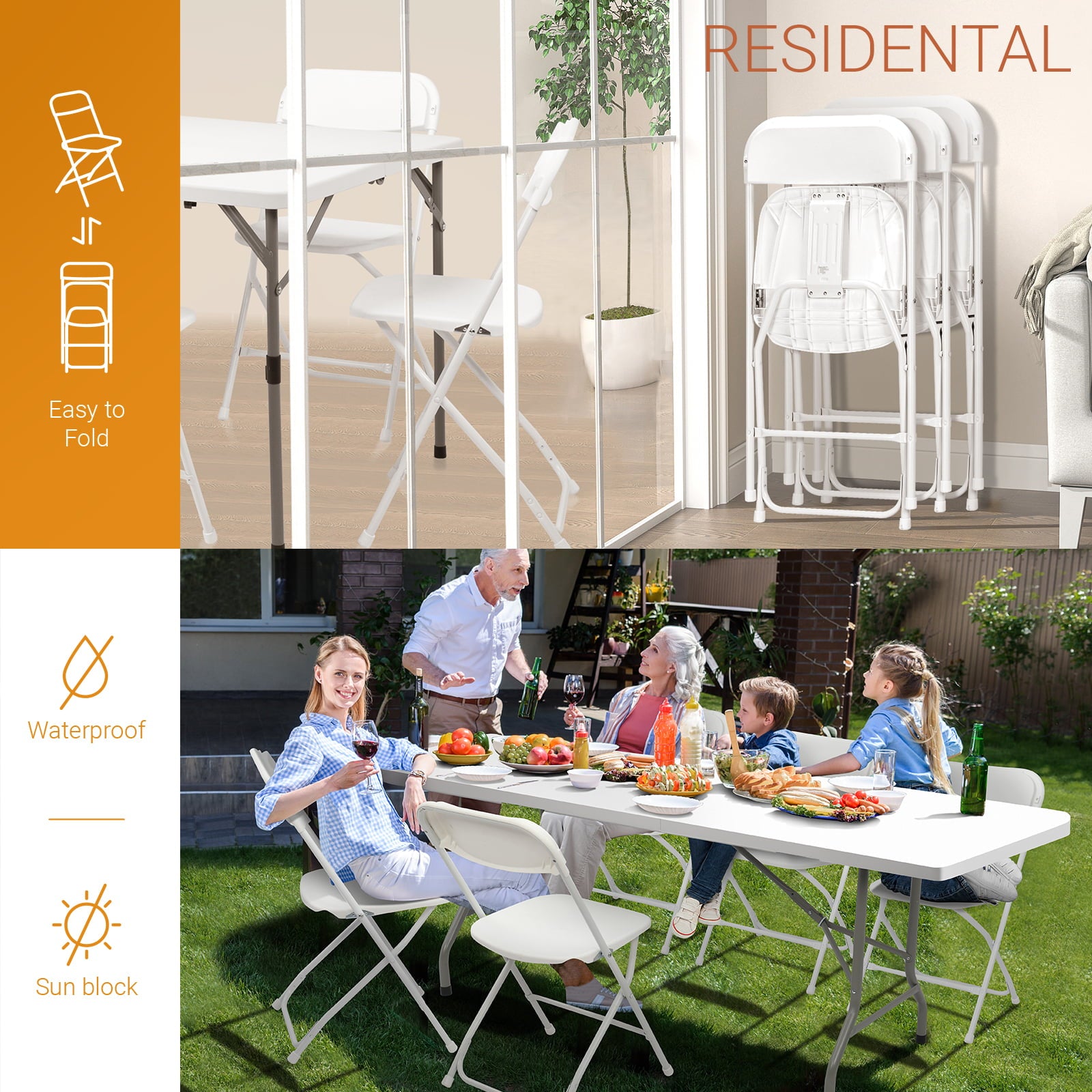 VINGLI 10 Pack White Plastic Folding Chair, Indoor Outdoor Stackable Seat