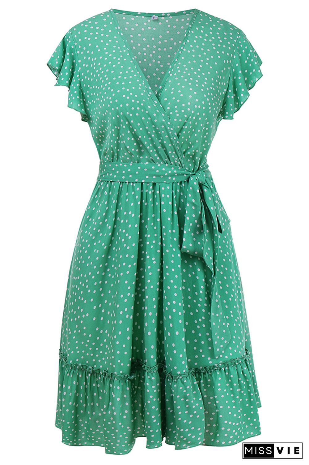 Polka Dot V-neck Ruffle Sleeve Tie Waist Midi Dress Wholesale