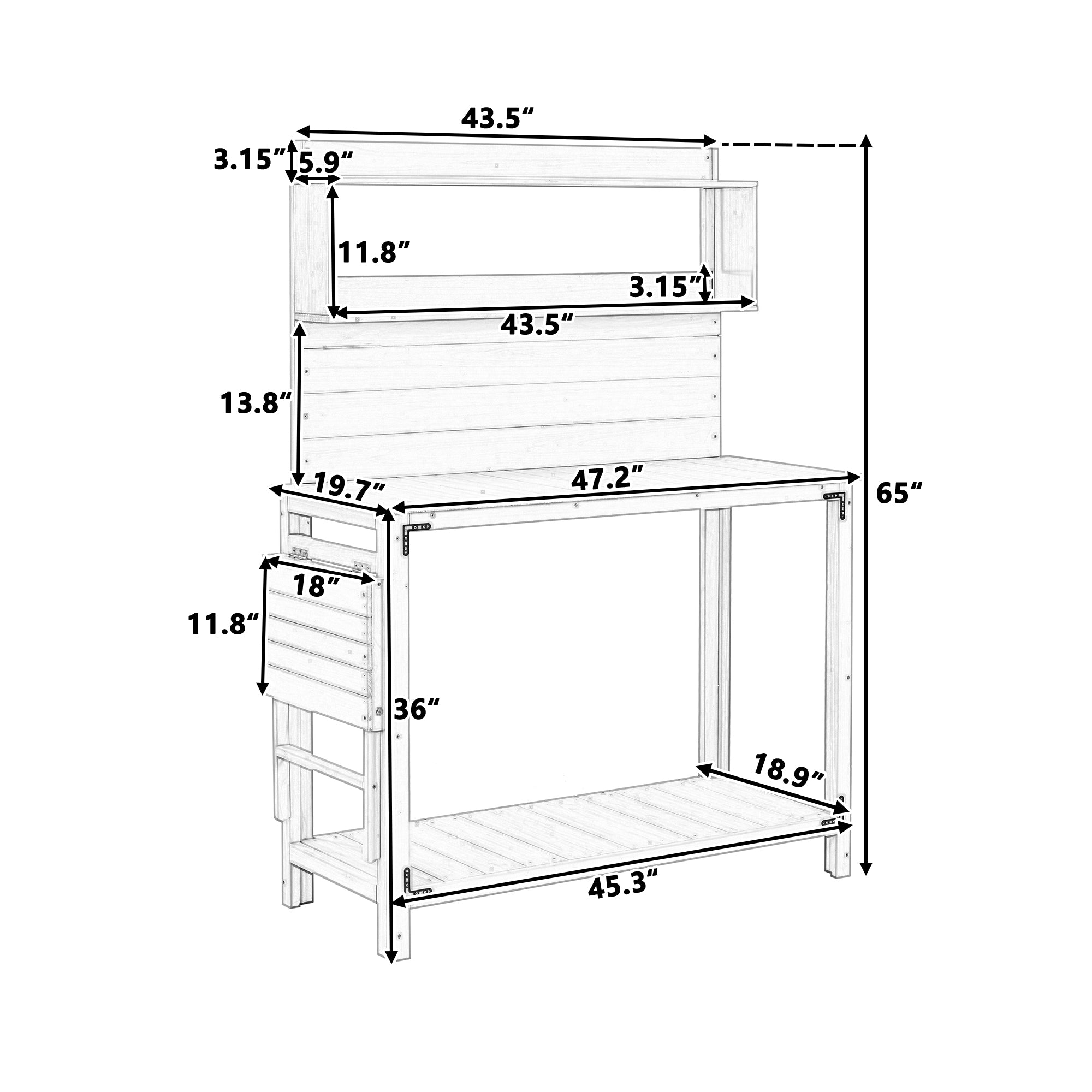 Outdoor Potting Bench Table, Garden Workstation with Shelves, Side Hook and Foldable Side Table, for Patio, Backyard, Green