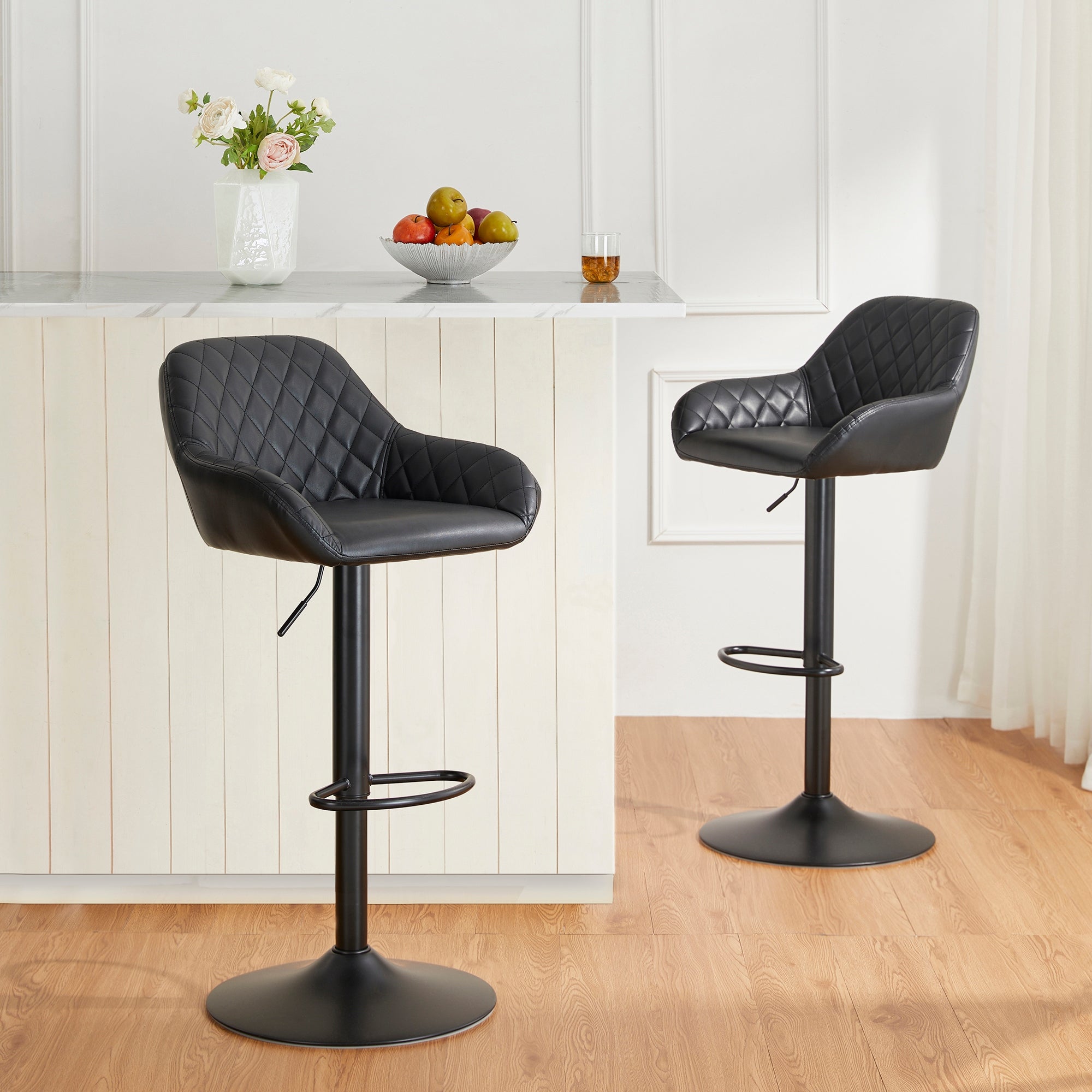 Glitzhome Set of 2 Modern Quilted Leatherette Adjustable Swivel Bar Stools