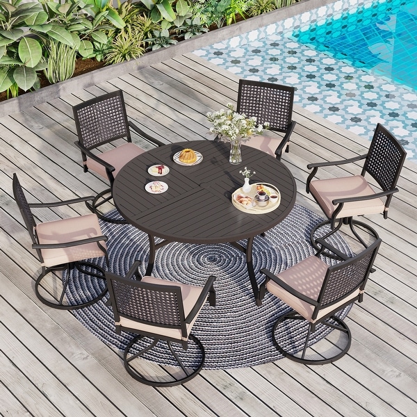 7Piece Patio Dining Set ，Large Round Dining Table with Umbrella Hole and Metal Swivel Dining Chairs