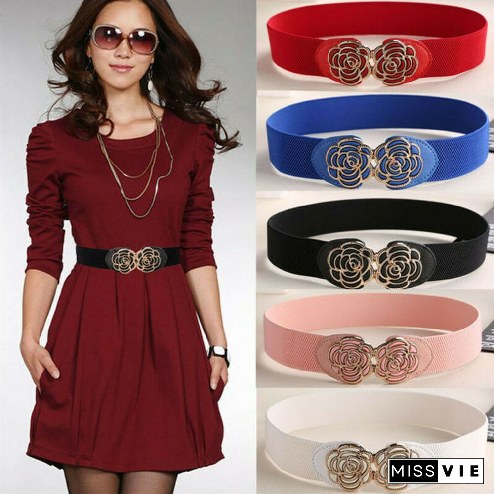 Women Vintage Flower Waist Belt Elastic Stretch Buckle Waistband Dress Belt Formal Office Lady Belts Womens Belts Accessories