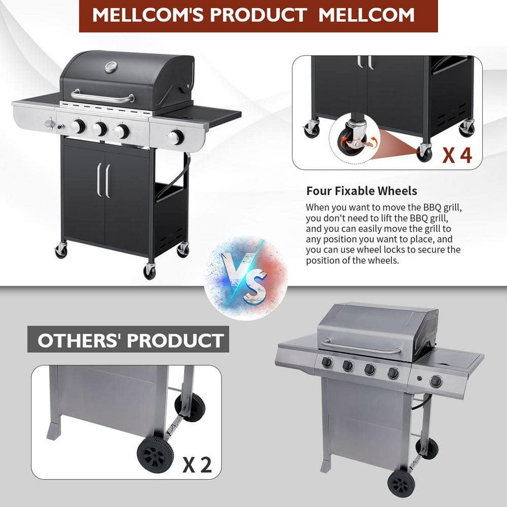 MELLCOM 4Burner BBQ Propane Gas Grill 24000 Stainless Steel Patio Garden Barbecue Grill in Black