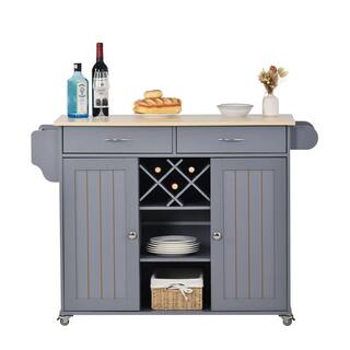 Blue Kitchen Island Cart with Two Storage Cabinets Four Locking Wheels Wine Rack Two Drawers Spice Rack Towel Rack EC-KCGB-5162