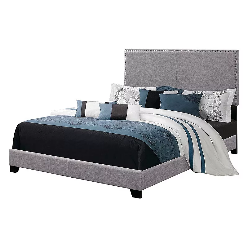 Fabric Upholstered Queen Size Platform Bed with Nail Head Trim， Gray