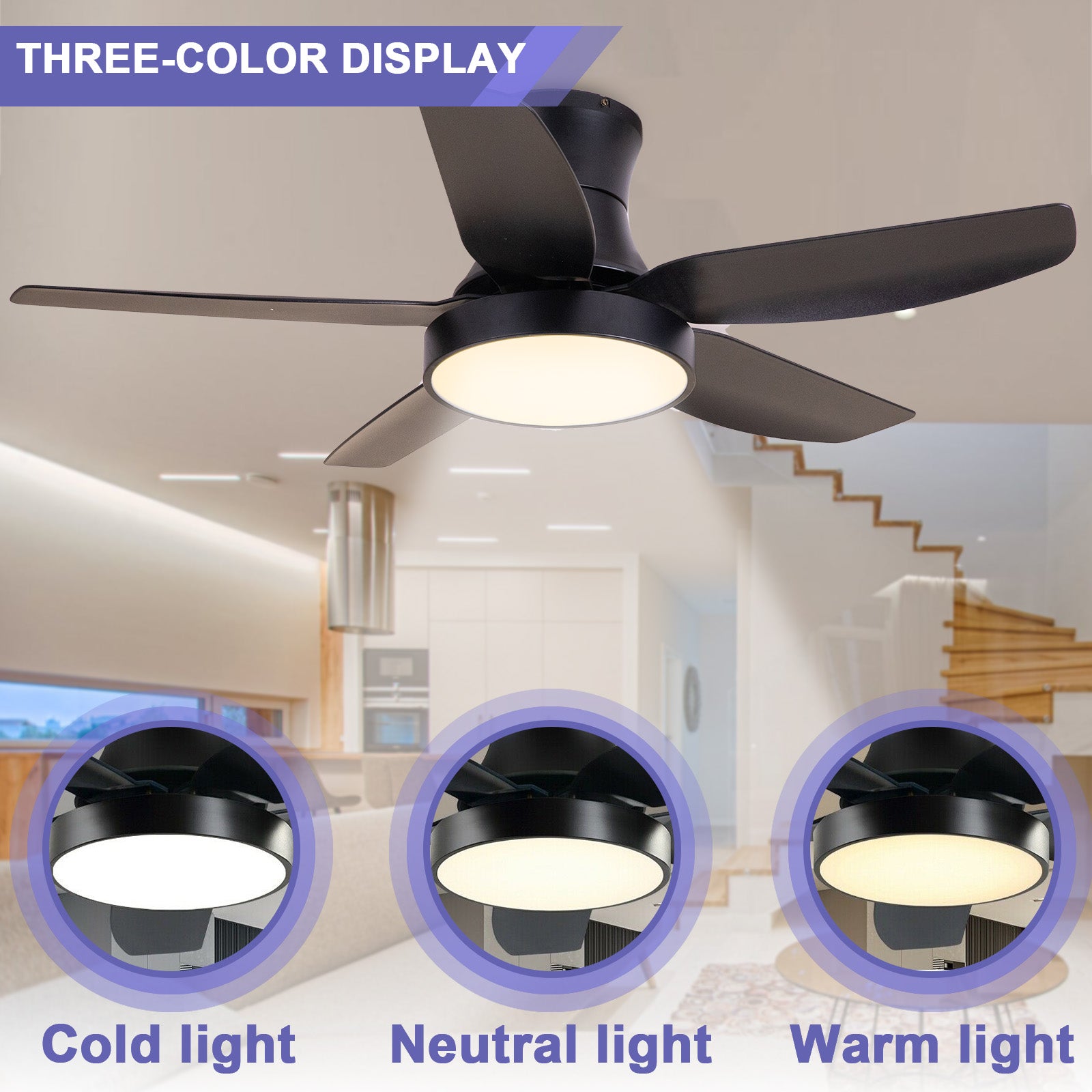 42'' Ceiling Fan with Lights and Remote，5 Blades Matte Black Ceiling Fan， Reverse Airflow