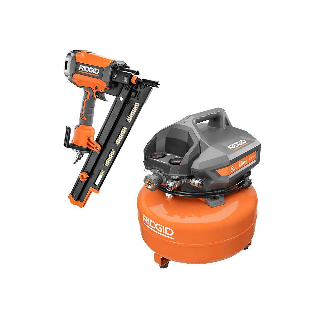 RIDGID 6 Gal. Portable Electric Pancake Air Compressor with Pneumatic 21-Degree 3-12 in. Round Head Framing Nailer R350RHF-OF60150HB