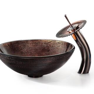 KRAUS Glass Vessel Sink in Copper Illusion with Single Hole Single-Handle Low Arc Waterfall Faucet in Oil Rubbed Bronze C-GV-580-12mm-10ORB