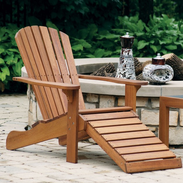 Outdoor Interiors Eucalyptus Wood Adirondack Chair With Built In Ottoman And Protective Plastic Foot Pads Ideal For Balcony Deck Or Patio Brown