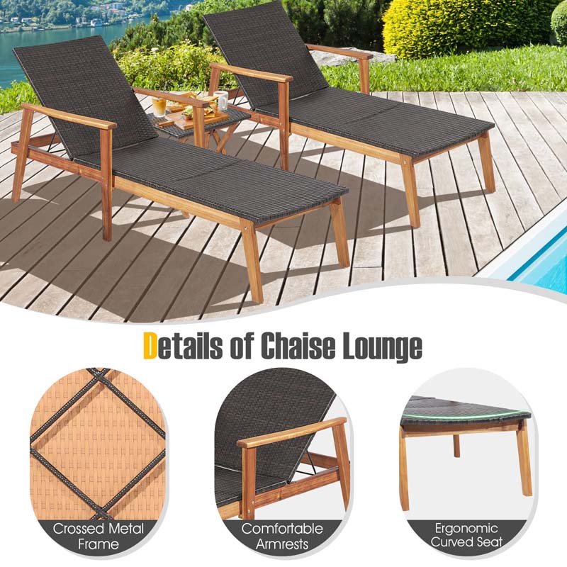 Acacia Wood & Rattan Patio Beach Outdoor Chaise Lounge Chairs Pool Sun Lounger Set with Folding Side Table