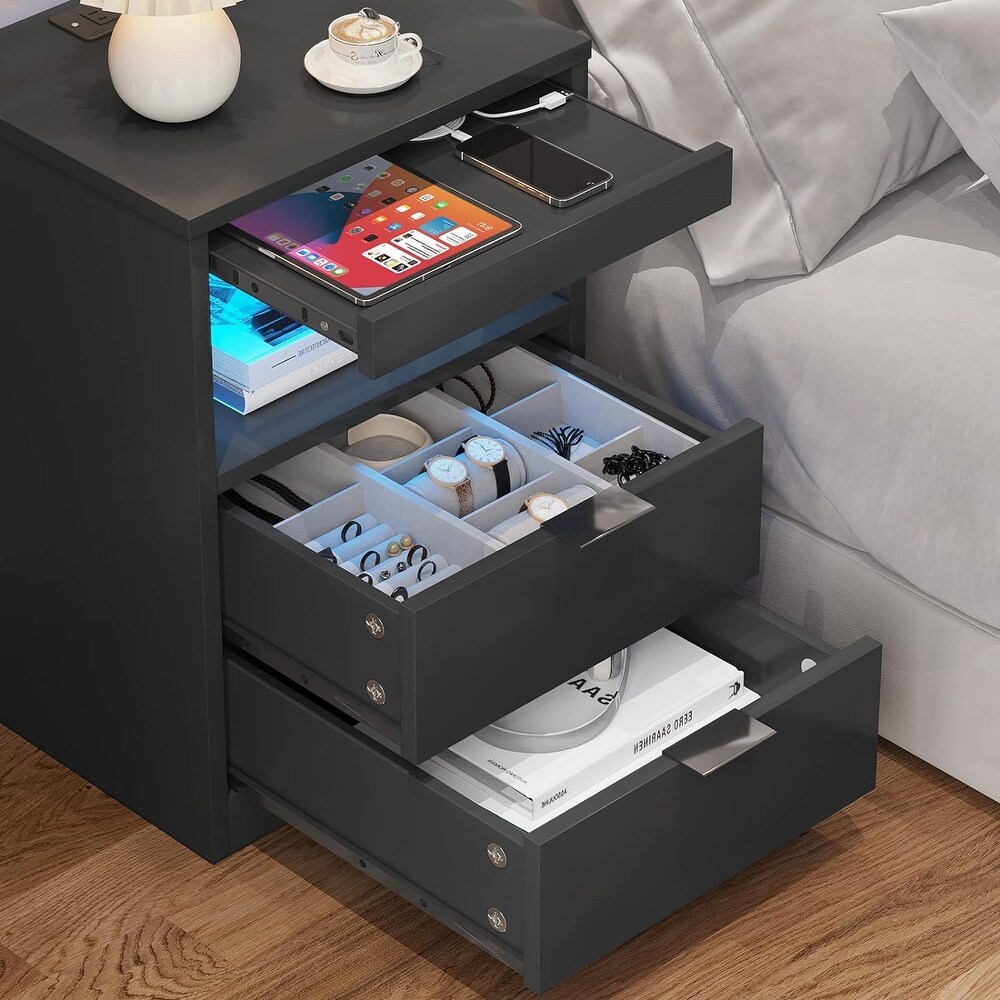 2 Drawers LED Nightstand End Table Wireless Charging Station