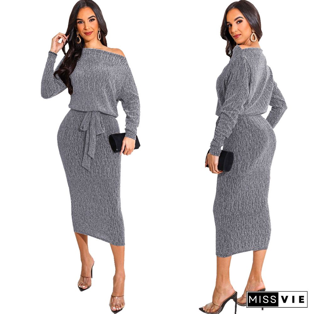 Shiny Robe Long Sleeve Wrap Lace-up Belt Maxi Dress