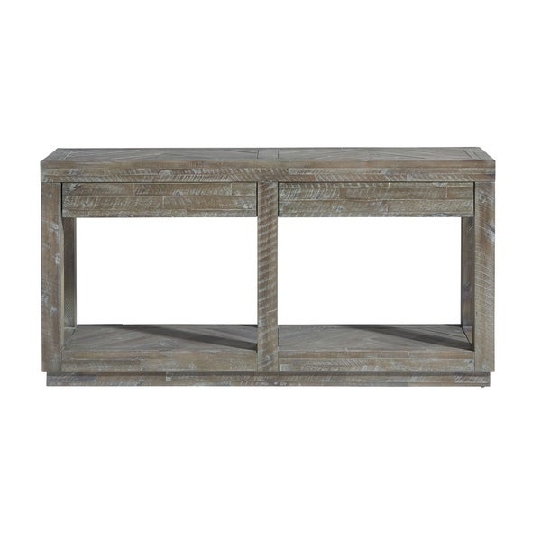 Two Drawer and Bottom Shelf Console Table with Flattened Base， Rustic Latte Gray