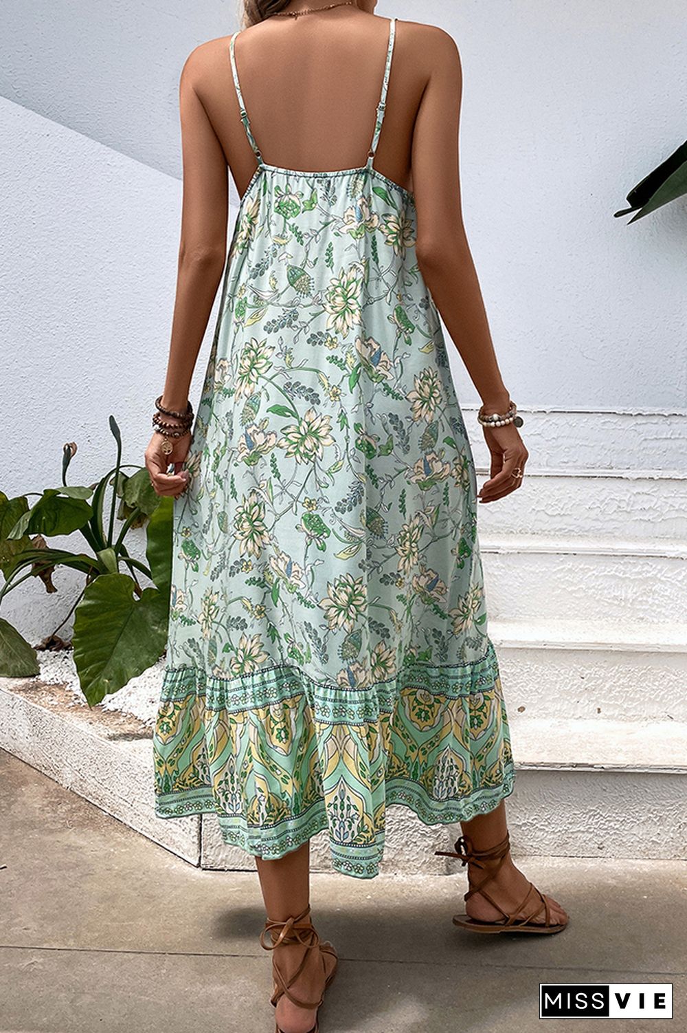 Green Spaghetti Strap Floral Maxi Dress