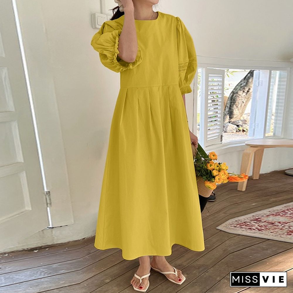 Women's Fashion Summer Half Sleeve Pleated Party Dress Casual Holiday Plain Long Dresses Vestidos S-5XL 6#