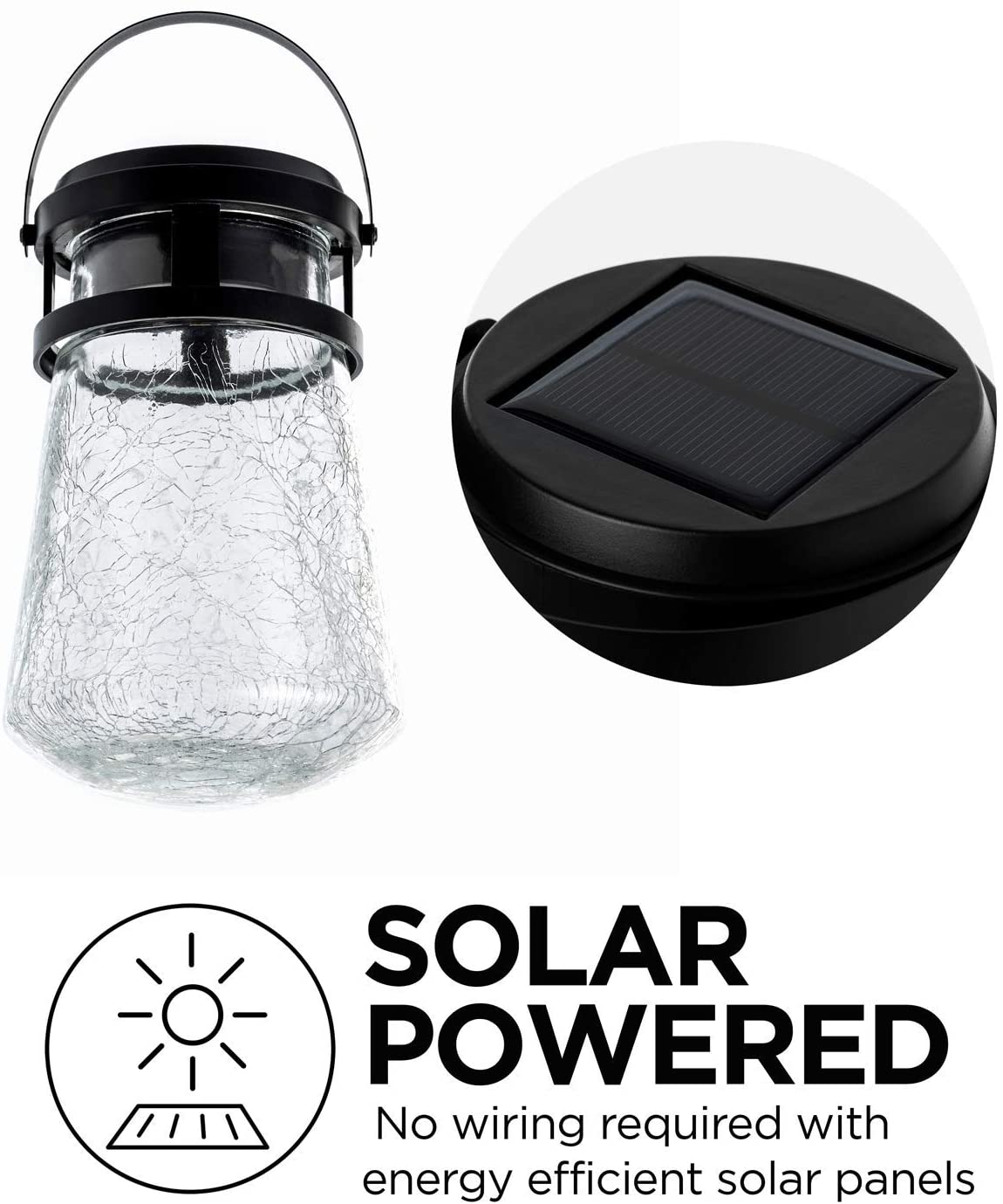 Home Zone Security Solar Crackle Glass Solar Lanterns Light， 10 Lumens 3000K LED， 2-Pack， Black