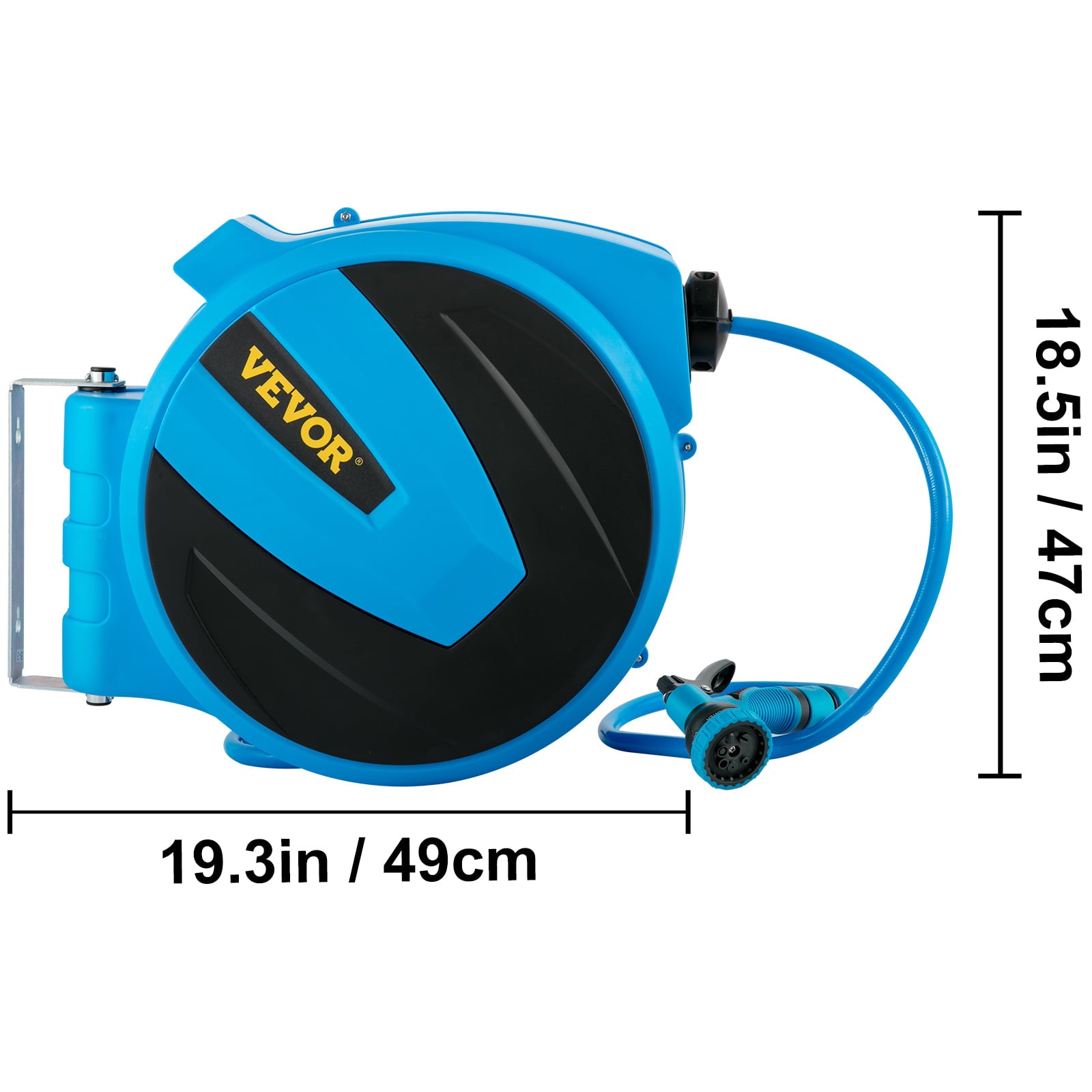 VEVOR Retractable Hose Reel， 5/8 inch x 90 ft， Any Length Lock and Automatic Rewind Water Hose， Wall Mounted Garden Hose Reel With 180° Swivel Bracket and 7 Pattern Hose Nozzle， Blue