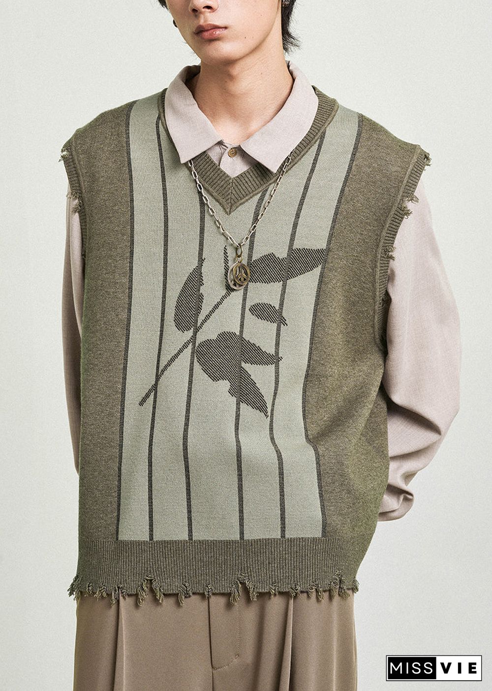 Beautiful Green V Neck Print Thick Knit Waistcoat Fall