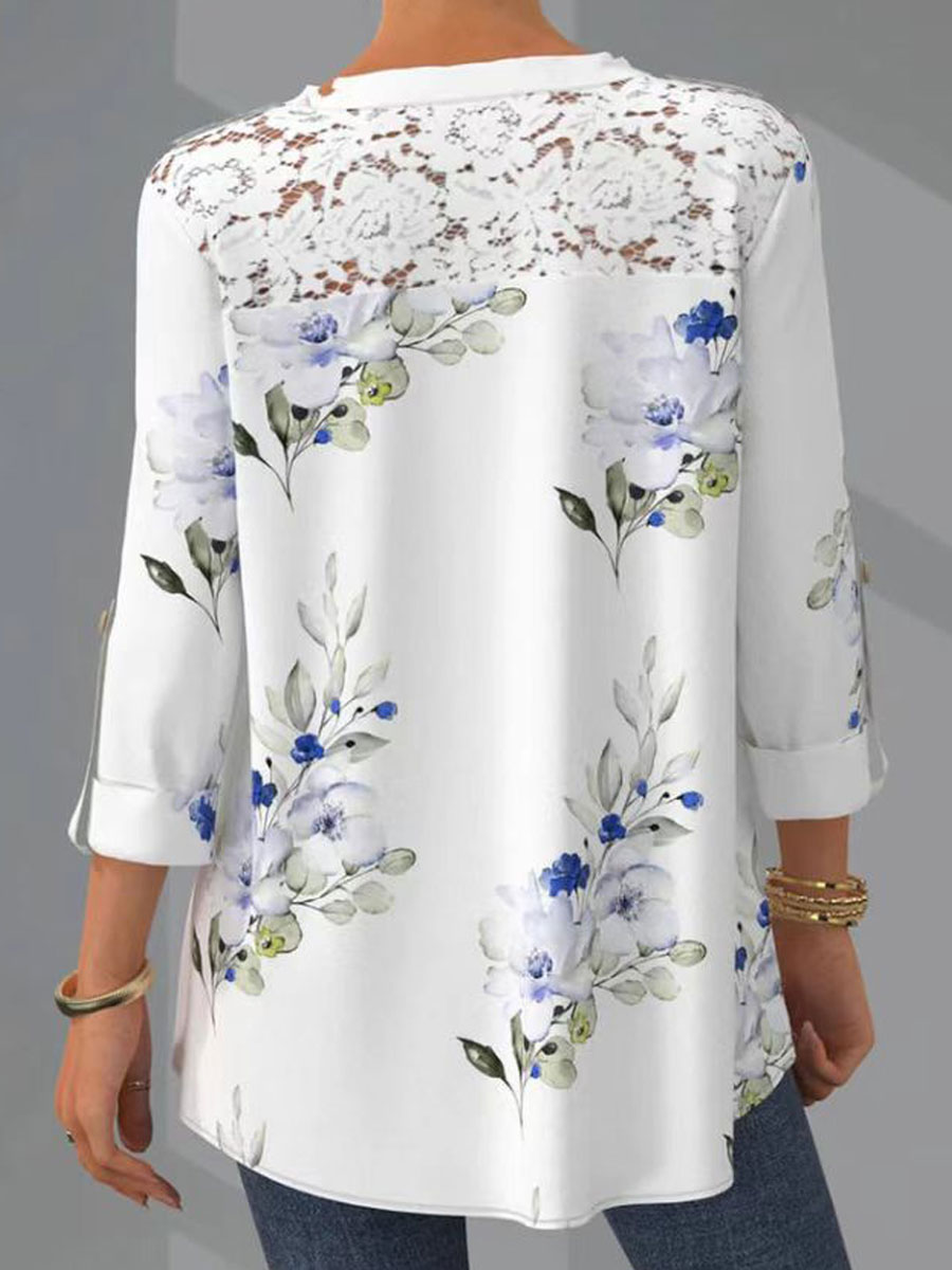 V-neck Cutout Panel Casual Loose Floral Print Long Sleeve Blouse