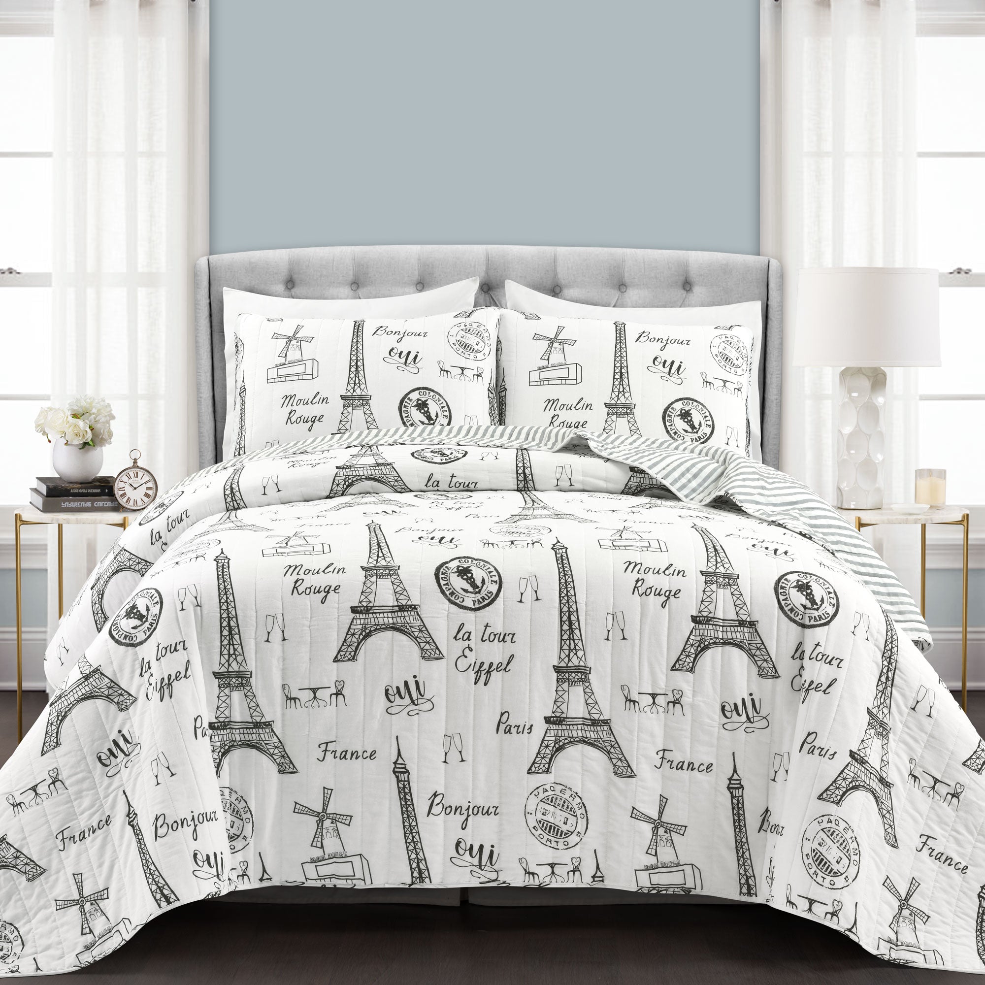 Paris Bonjour Reversible Cotton 3 Piece Quilt Set