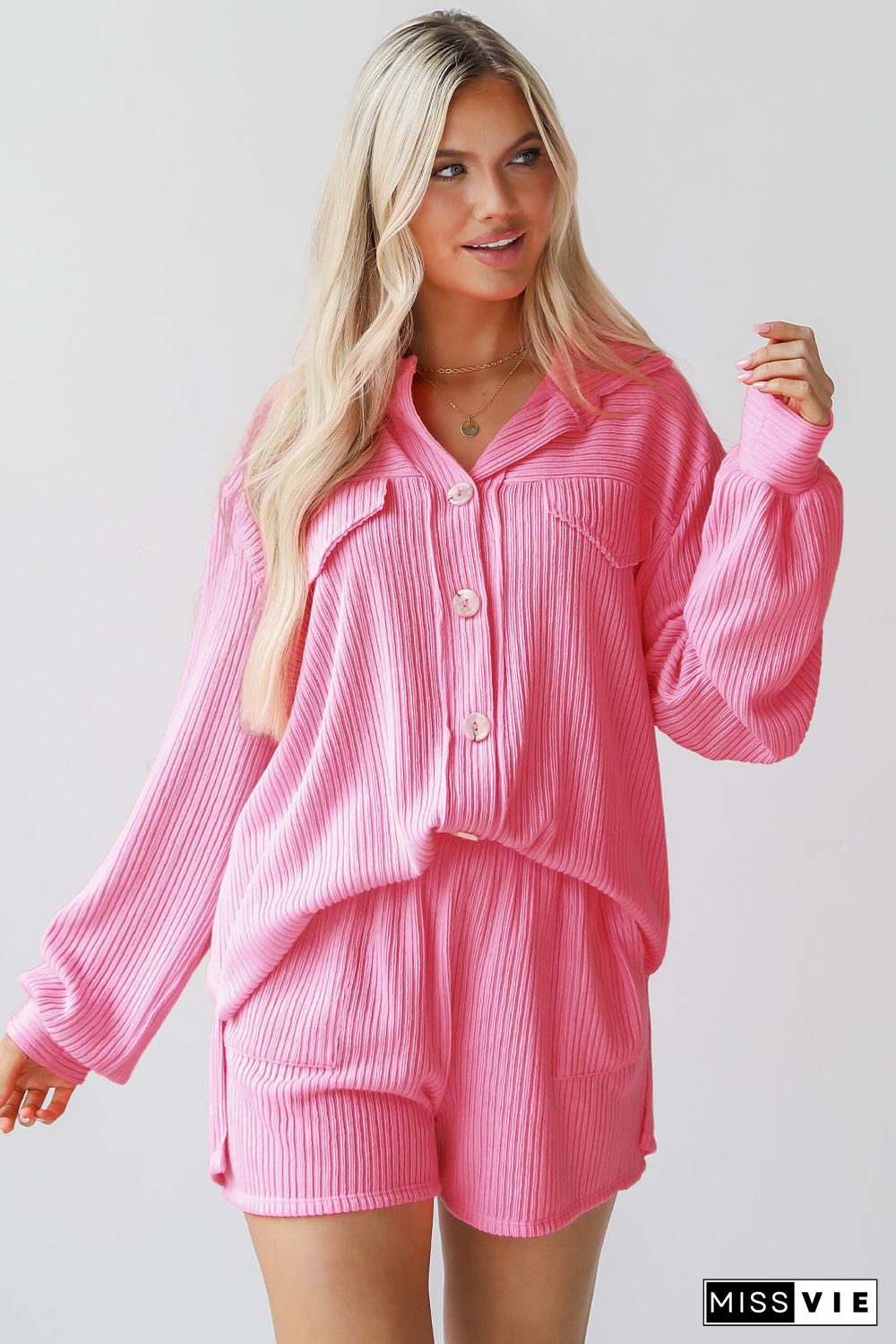 Pink Ribbed Knit Button Top and Shorts Set