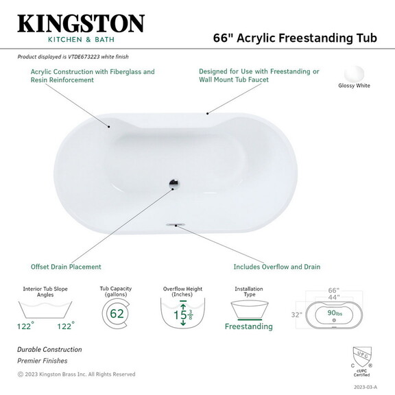 Kingston Brass VTDE673223 Aqua Eden 66.5 Inch Acry...