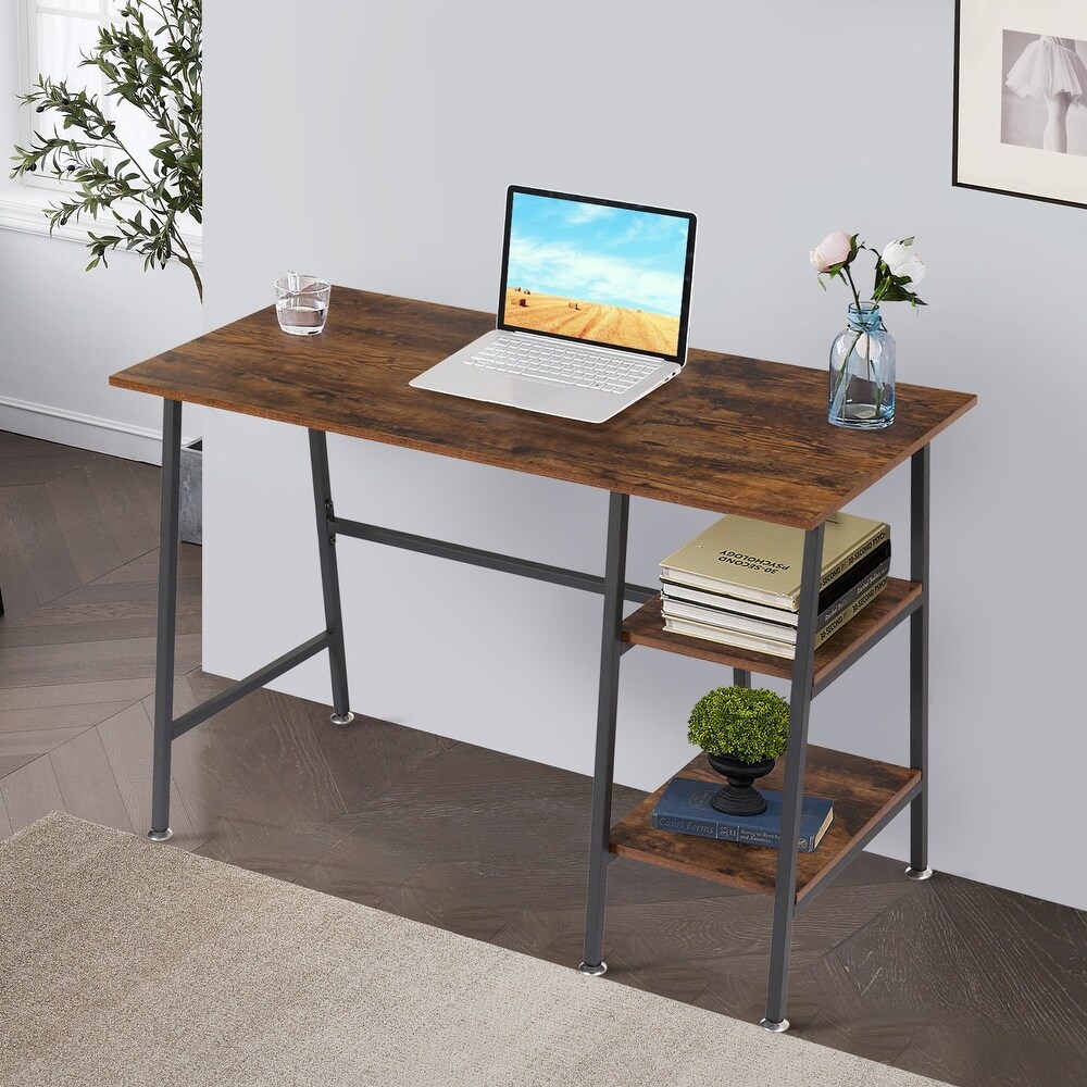 VECELO Modern Brown Desk with 2 Tier Removable Storage Shelves  Office /Computer Desk  Writing Desk for Students