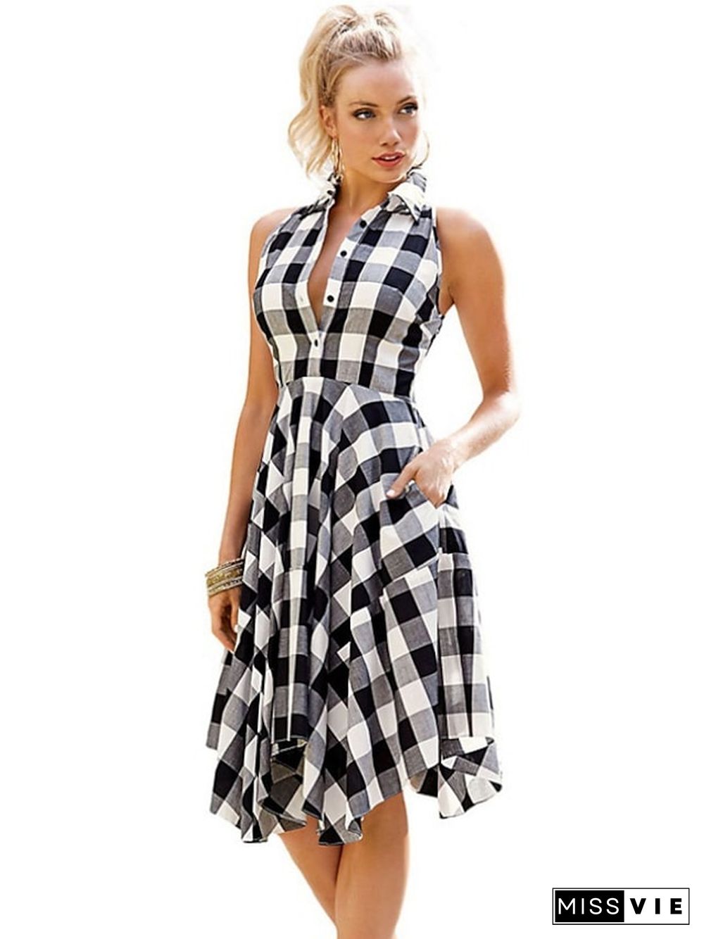 Women Black White Plaid Checks Dress Sleeveless Irregular Pleated Shirt Dress S