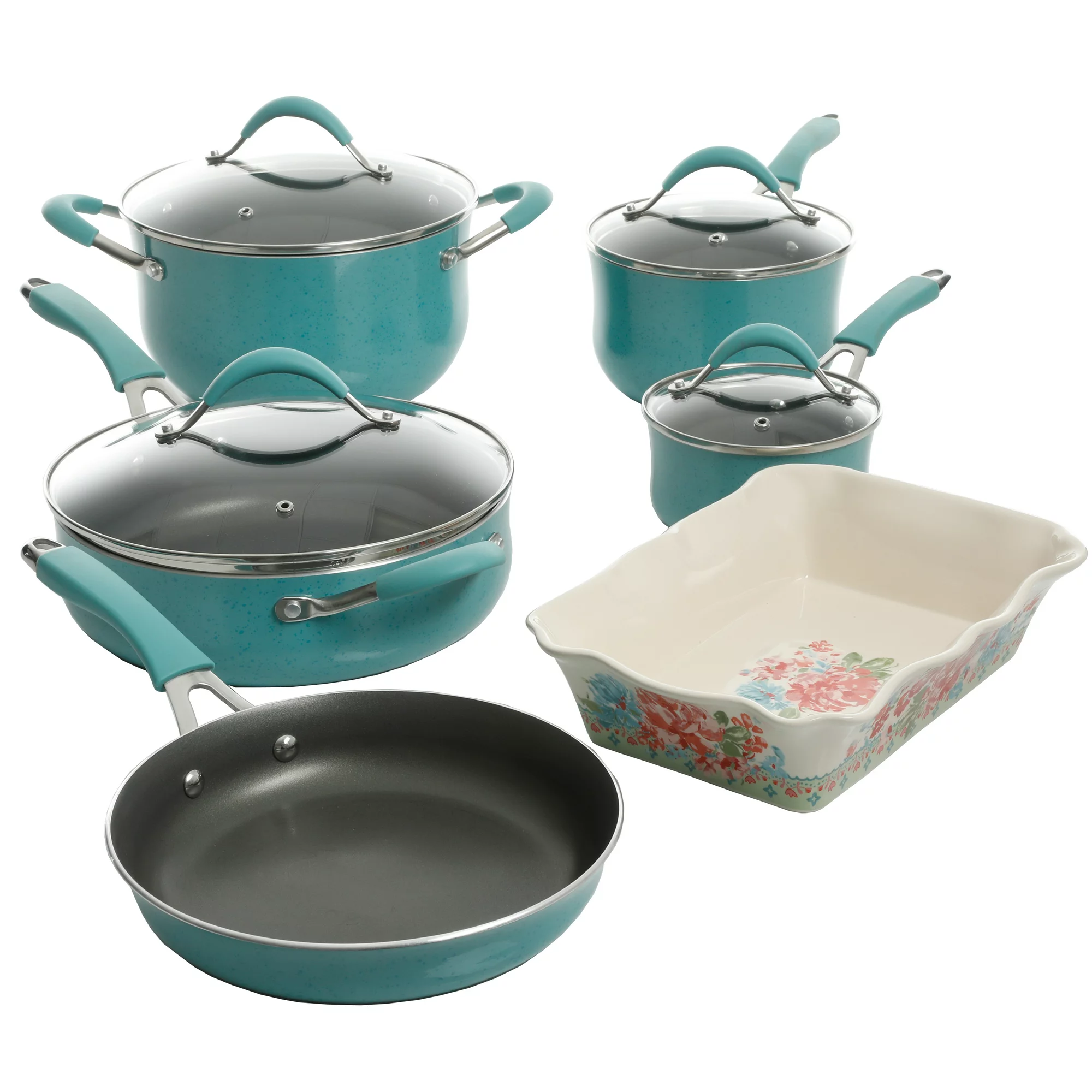 The Pioneer Woman Frontier Speckle Aluminum 10-Piece Cookware Set， Turquoise