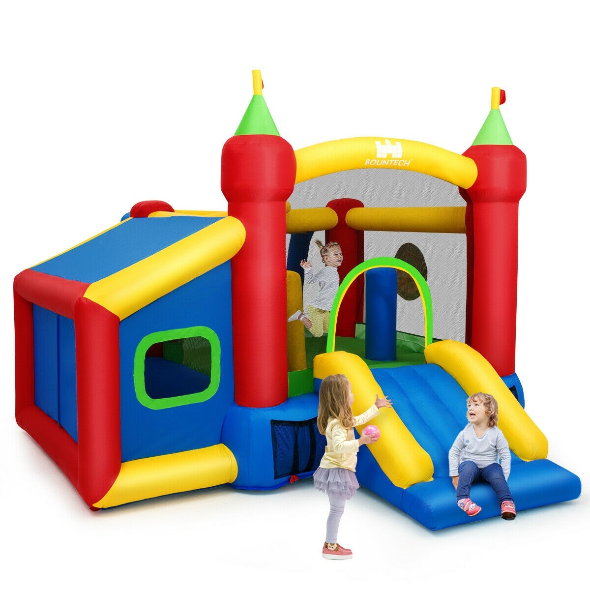 Costzon Inflatable Bounce House, 7-in-1 Jump and Slide Bouncer w/ Basketball Rim(Without Blower)