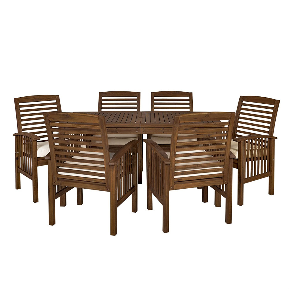 7 Pieces Patio Dining Set  Acacia Wood  Large Table and Slatted Cushioned Chairs   Transitional   Outdoor Dining Sets   by Decor Love  Houzz